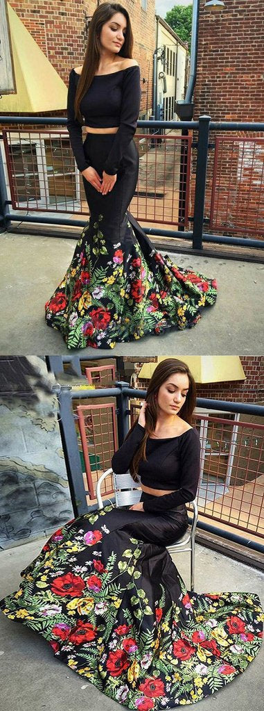 two piece floral mermaid prom dress Two Piece Off the Shoulder Mermaid Long Sleeves Black Floral Printed P –  Promfast