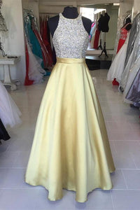 Yellow Satin Long Halter Beading Simple Cheap Prom Dresses PFP1097