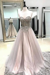 A Line Long Spaghetti Straps Sweetheart Beading Tulle Prom Dress PFP0202
