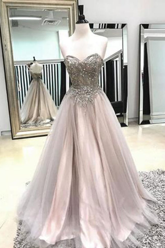 A Line Long Spaghetti Straps Sweetheart Beading Tulle Prom Dress PFP0202