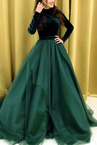 Promfast Dark Green A Line Satin Long Sleeves Prom Dresses Evening Dress PFP1875