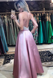 Stunning Beading Pink Halter Backless Prom Dresses With Pockets PFP0045