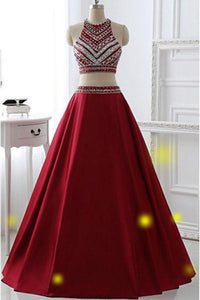 Two Pieces Burgundy Long A-line Satin Beaded Pretty Prom Dresses PFP1099