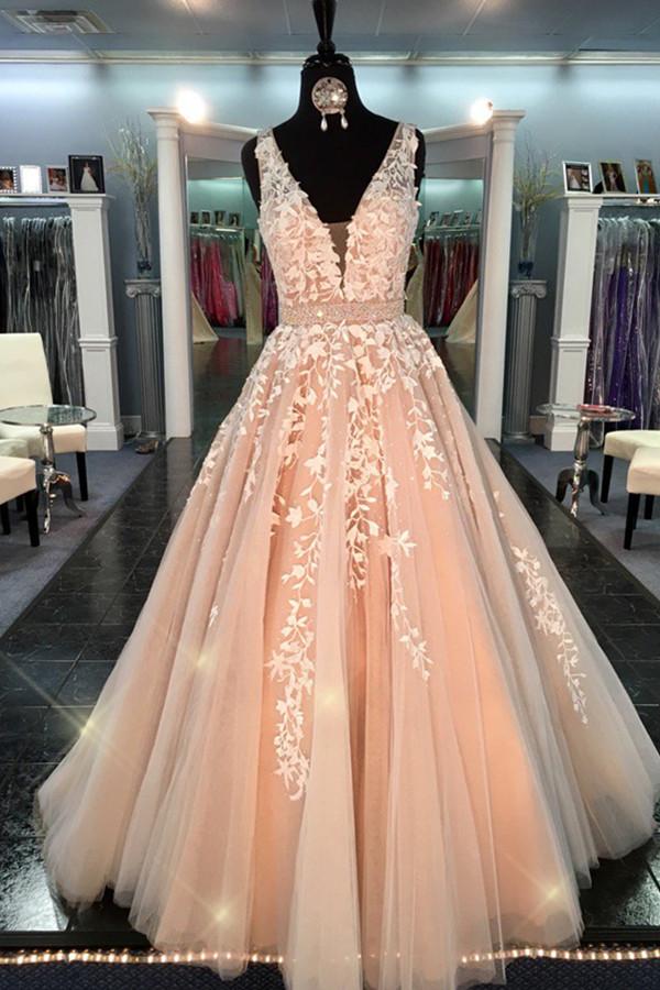 Ball Gown Lace Tulle V-neck Long A-line Quinceanera Dresses Prom Dress Promfast Ball Gown Lace Tulle V-neck Long A-line Quinceanera Dresses Prom Dress Promfast