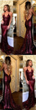 Charming Spaghetti Strap V-neck Burgundy Sequins Long Sexy Mermaid Prom Dresses PFP0203