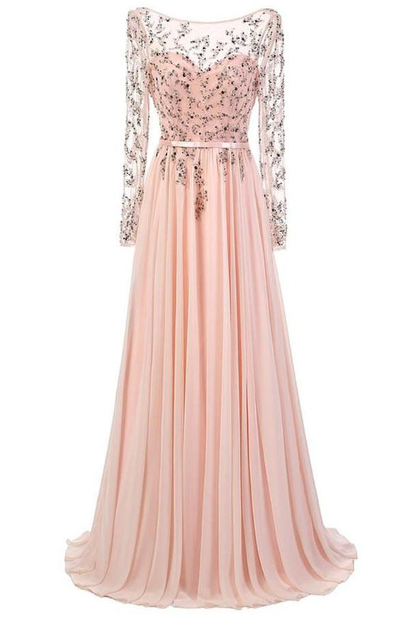 Long Sleeves Lace Pink Chiffon A-line Beading Open Back Prom Dresses PFP1102
