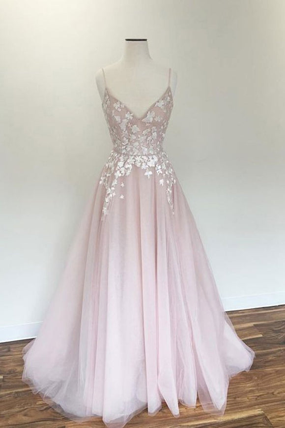 Light Pink V Neck Tulle Long Spaghetti Straps Appliques Prom Dress PFP0205