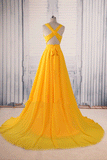 Yellow A Line V Neck Criss Cross Back Chiffon Long Prom Dress PFP0204