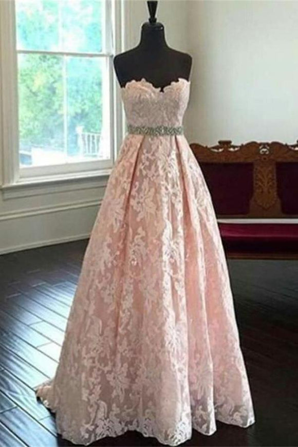 Sweetheart Lace Beading Long A-line Pink Handmade Cheap Prom Dresses PFP1103