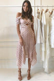 Beautiful A-Line Short Sleeves Asymmetry Pink Lace Prom Dress PFP0206