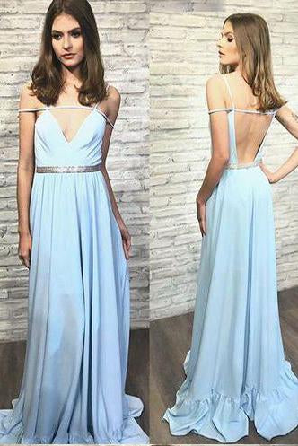 Modest V-neck A-line Sky Blue Chiffon Long Backless Prom Dress PFP0209