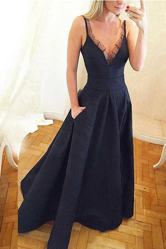 Elegant A-Line Spaghetti Straps V Neck Satin Navy Blue Prom Dress With Pocket PFP0210