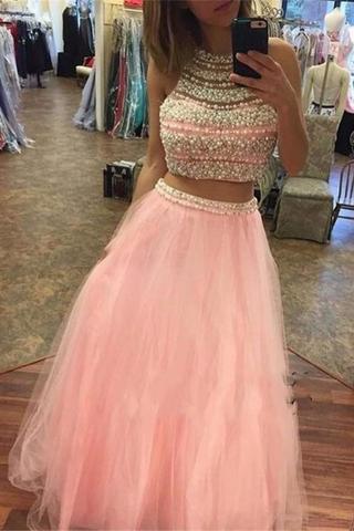 Beautiful Pink Two Pieces Beading Tulle Long Cheap Prom Dresses PFP1107