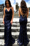 Mermaid Spaghetti Straps Lace Backless Navy Blue Prom Dress PFP0512