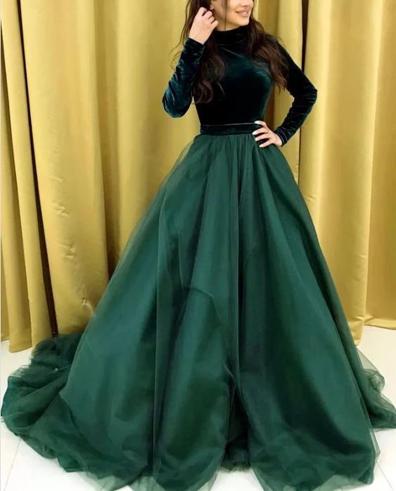 Promfast Dark Green A Line Satin Long Sleeves Prom Dresses Evening Dre Promfast Dark Green A Line Satin Long Sleeves Prom Dresses Evening Dre