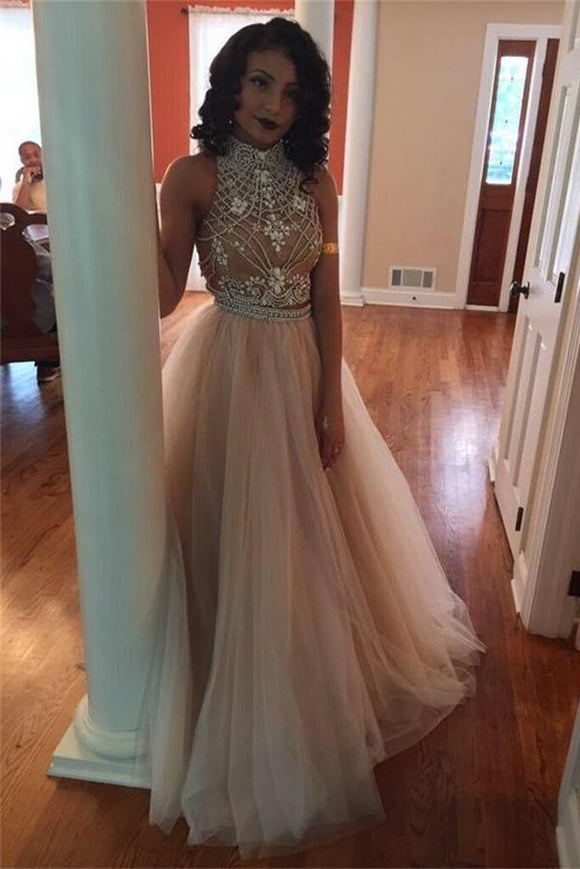 Pretty Two Pieces Tulle High Neck Tulle Long Charming Prom Dresses PFP1108