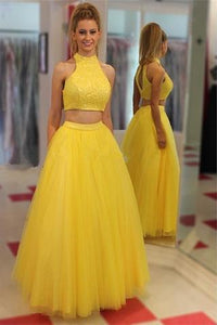 Yellow Two Pieces High Neckline Tulle Cheap Long Prom Dresses PFP1109