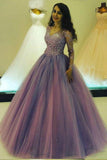 Princess Long V Neck Appliques Ball Gown Prom Dress With Long Sleeves PFP0212