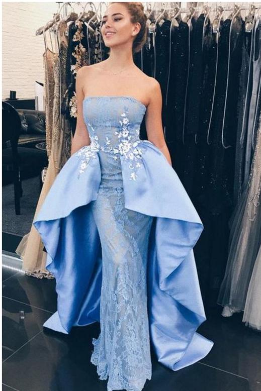 Modest Light Blue Strapless Satin Mermaid Prom Dresses With Lace appliques PFP0213