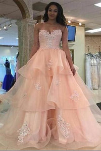 Pink Strapless Backless Lace Organza Long Qunceanera Dresses Prom Dresses PFP1110