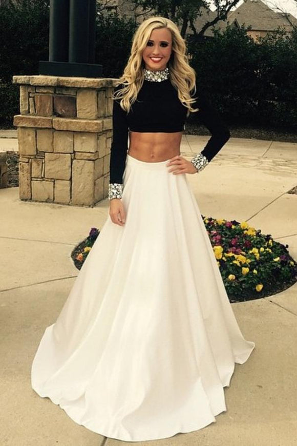Long Sleeve Crop Top And Long Skirt Prom Dress Black And White Two Pieces A-line Long Sleeves Prom Dresses Long Sleeve Crop Top And Long Skirt Prom Dress Black And White Two Pieces A-line Long Sleeves Prom Dresses