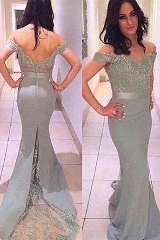 Off Shoulder Silver Lace Sweep Train Backless Cheap Prom Dresses PFP1114