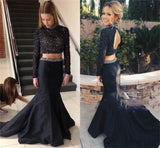 Black Beaded Long Sleeves Two Pieces Mermaid Backless Prom Dresses PFP1115