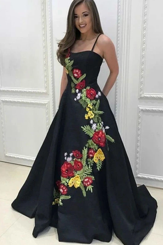 Promfast Black A Line Satin Spaghetti Straps Floral Appliques Prom Dresses Evening Dress PFP1876