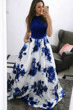 Fashion A-Line Jewel Blue Floral Long Prom Dress with Pockets