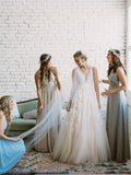 Simple Lace Applique A Line V Neck Tulle Beach Wedding Dress PFW0015