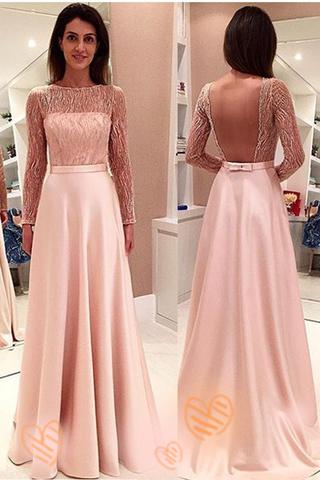 Pink Long Sleeves Backless Girly Cute Simple Cheap Prom Dresses PFP1116
