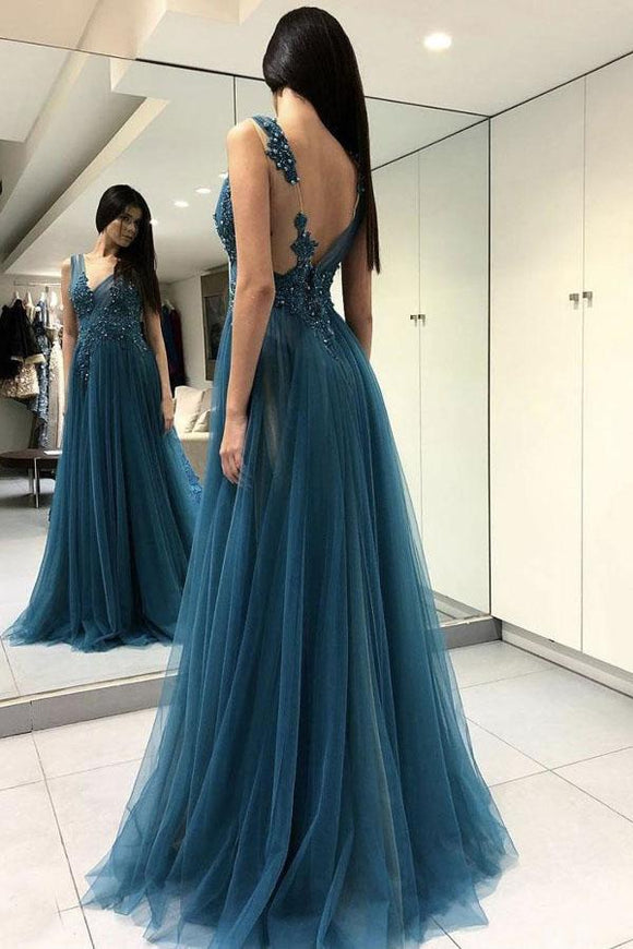 Blue See Through Split Backless Lace Appliques Tulle Long Prom Dress with Beading PFP0216