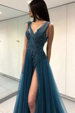 Blue See Through Split Backless Lace Appliques Tulle Long Prom Dress with Beading PFP0216
