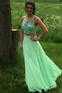 Green Chiffon Beaded Two Pieces Backless A-line Prom Dresses PFP1117