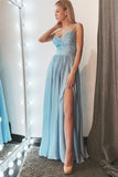 Simple A-Line Spaghetti Straps Blue Chiffon Long Prom Dress with Slit PFP0217