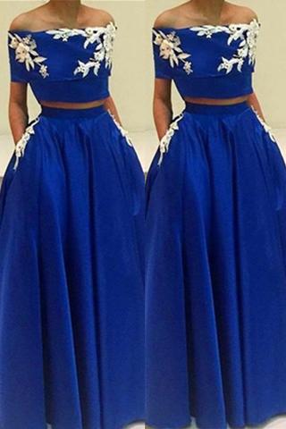 Boat Neckline Royal Blue Half Sleeves Two Pieces A-line Prom Dresses PFP1120