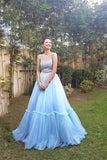 Sky Blue A Line Tulle V Neck Long Prom Gown,Sweet 16 Dress PFP0218