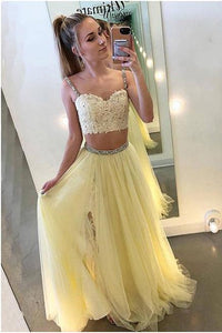 Sexy Two Pieces Yellow Tulle Straps A Line Long Prom Dress With Lace PFP0219