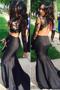 Long Sleeves Backless Lace Satin Black Mermaid 2 Pieces Prom Dresses PFP1124