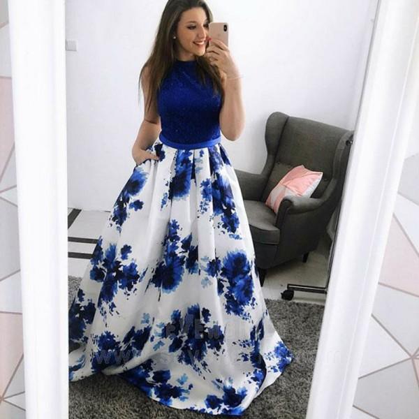 Fashion A-Line Jewel Blue Floral Long Prom Dress with Pockets PFP0513 Promfast Fashion A-Line Jewel Blue Floral Long Prom Dress with Pockets PFP0513 Promfast