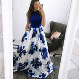 Fashion A-Line Jewel Blue Floral Long Prom Dress with Pockets PFP0513
