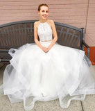 Two Piece Long Beading Long Tulle Prom Dress,A Line Evening Dresses PFP0221
