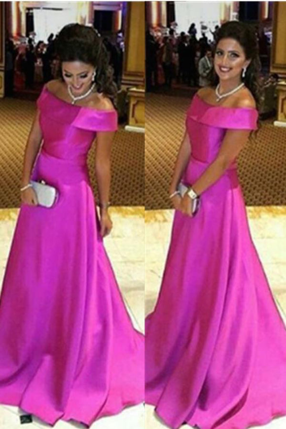 Hot Pink Off Shoulder Formal High Low Simple Satin Long Prom Dresses PFP1126