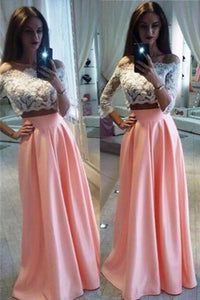 Boat Neckline Pink Handmade Long Lace 3/4 Sleeves Two Pieces Prom Dresses PFP1127