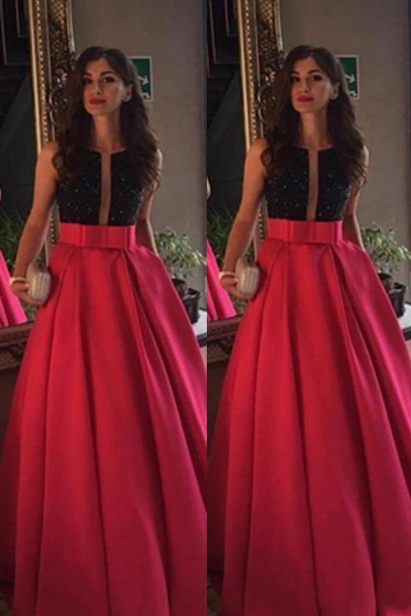 Modest Red Beading Long A-line Satin Prom Dresses Evening Dresses Party Dresses PFP1128