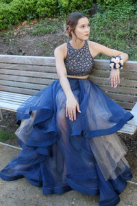 Elegant Two Pieces A-Line Blue Organza Long Prom Dresses With Beads PFP0222