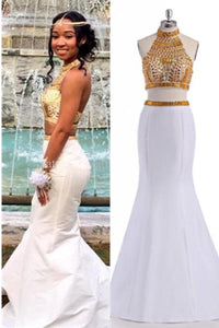 Beautiful White Mermaid Two Pieces High Neck Backless Prom Dresses PFP1129