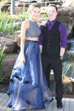 Elegant Two Pieces A-Line Blue Organza Long Prom Dresses With Beads PFP0222