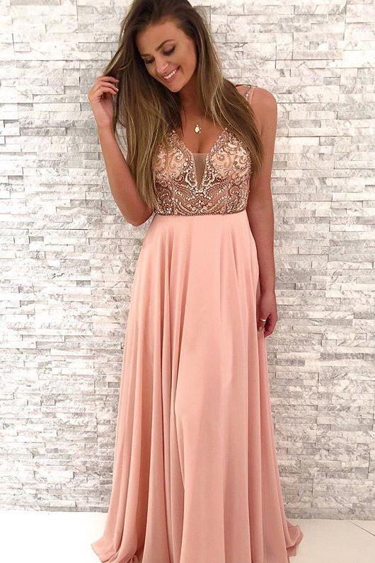 Gorgeous Beaded V-Neck A Line Blush Pink Chiffon Long Prom Dress PFP0223