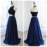 Two Pieces Royal Blue A-line Long Simple Halter Open Back Prom Dresses PFP1130